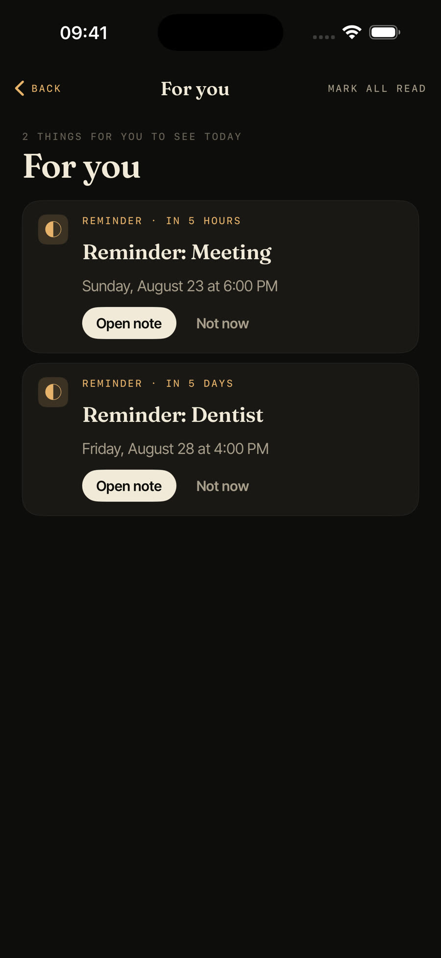 Nyze For You screen with two reminders: a meeting in 5 hours and a dentist in 5 days