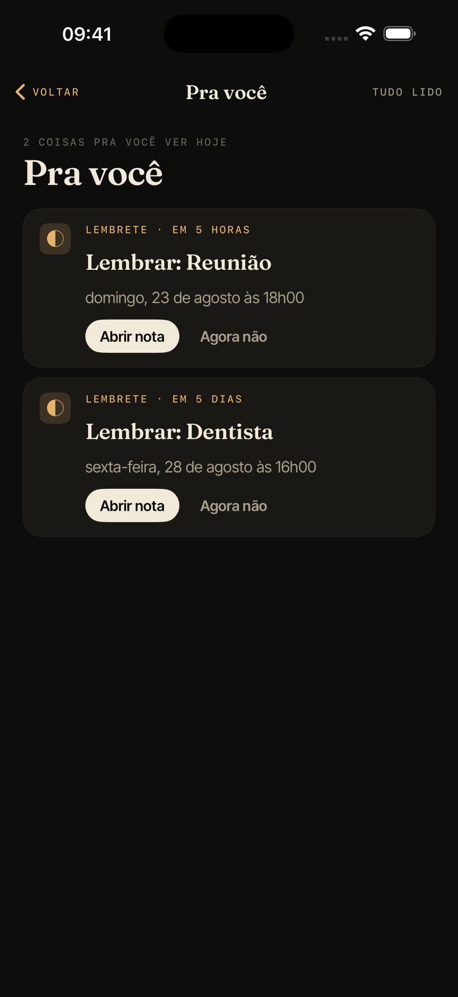 Tela Pra Você do Nyze com dois lembretes: reunião em 5 horas e dentista em 5 dias